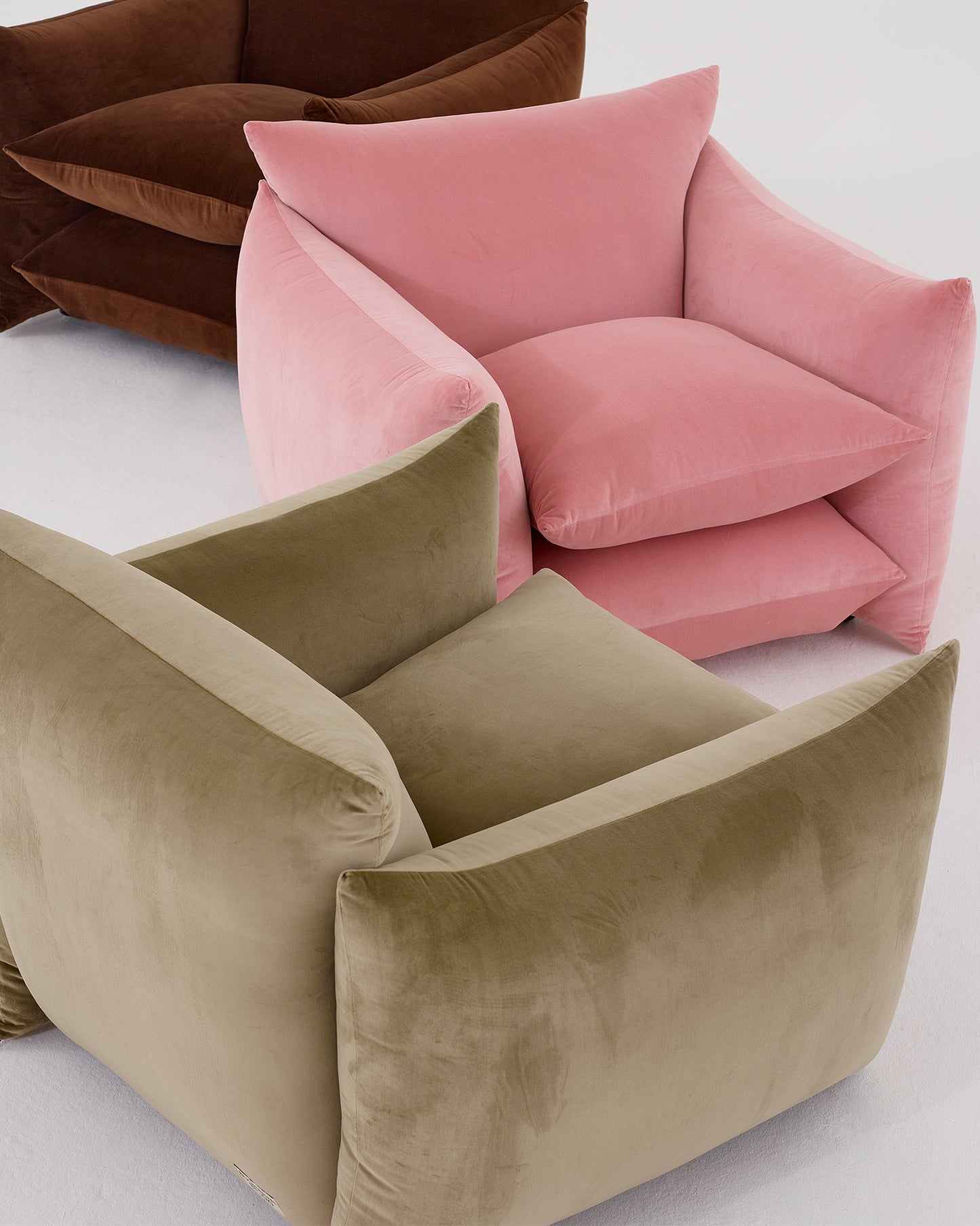 The Studio Chair in velvet, 'Mole' 'BS Pink' & 'Fern'