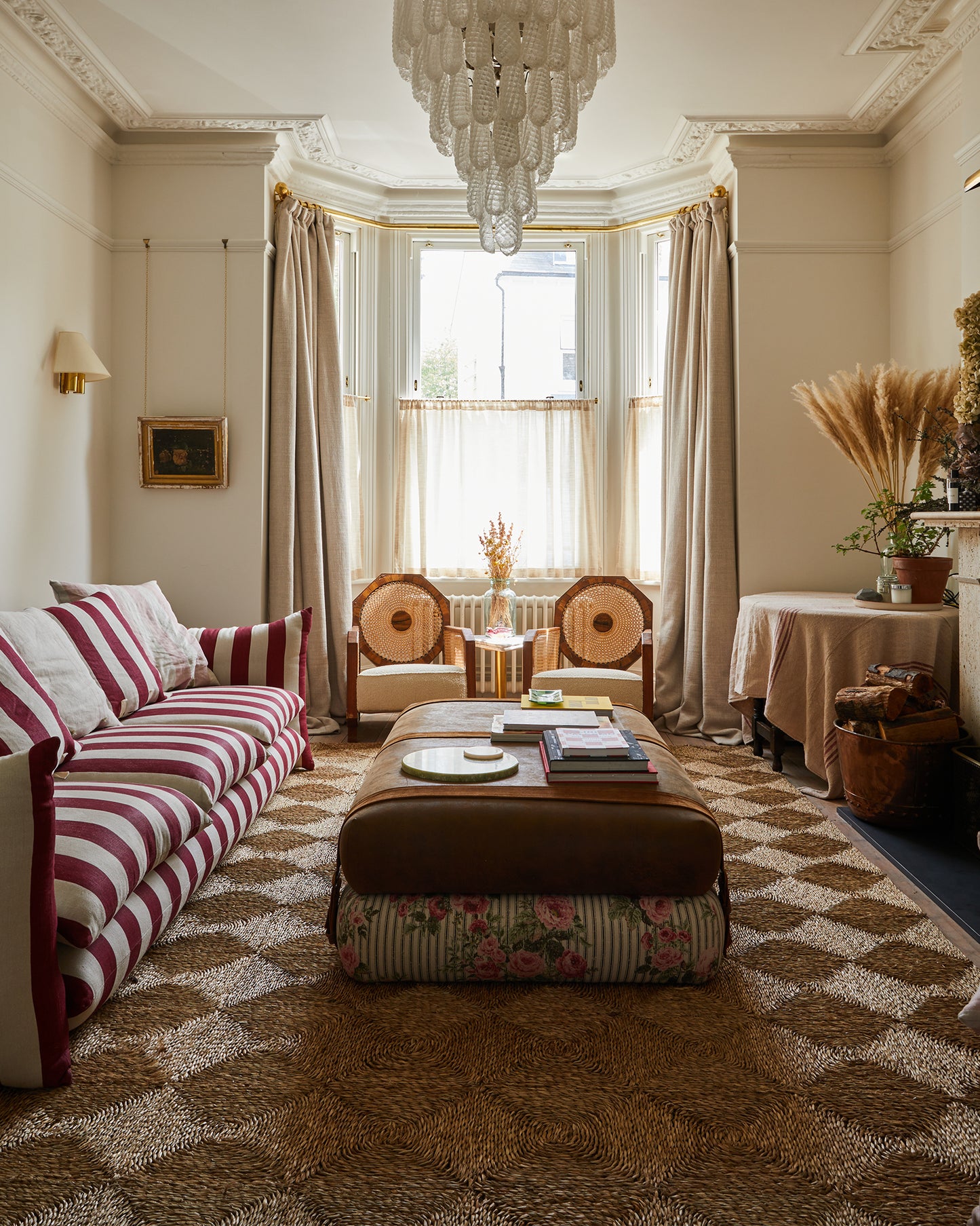 Studio Ottoman in leather and Ticking Rose - Original.  With straps.