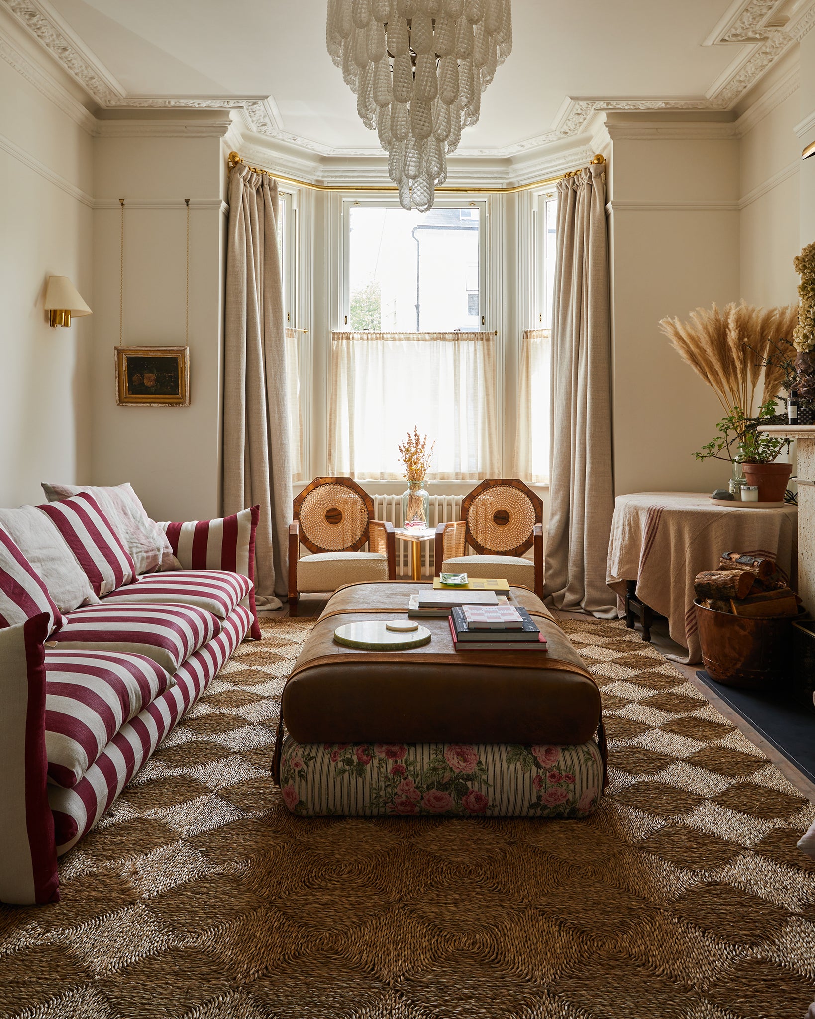 Studio Ottoman in leather and Ticking Rose - Original.  With straps.