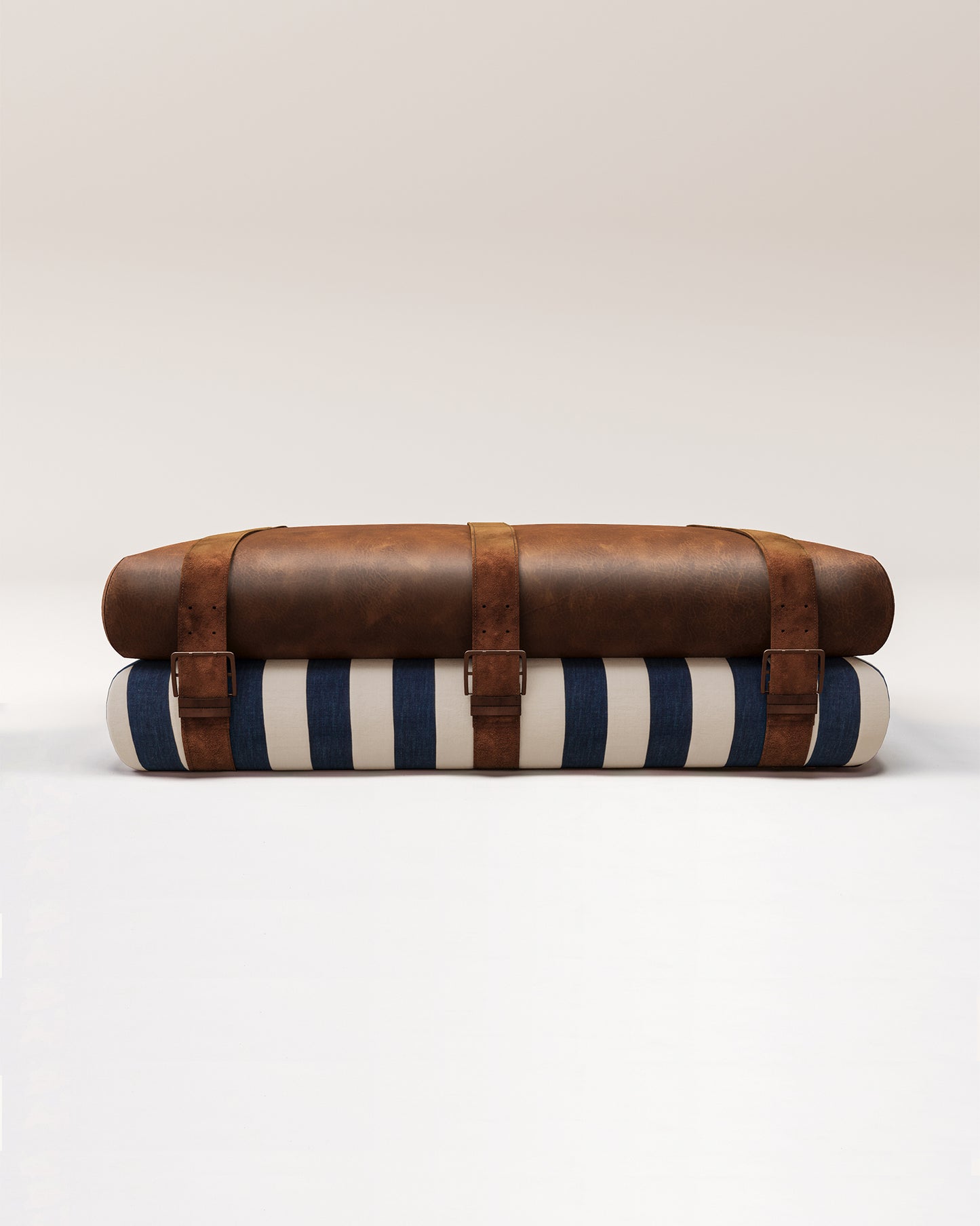 Studio Ottoman in Indigo Studio Stripe, with straps
