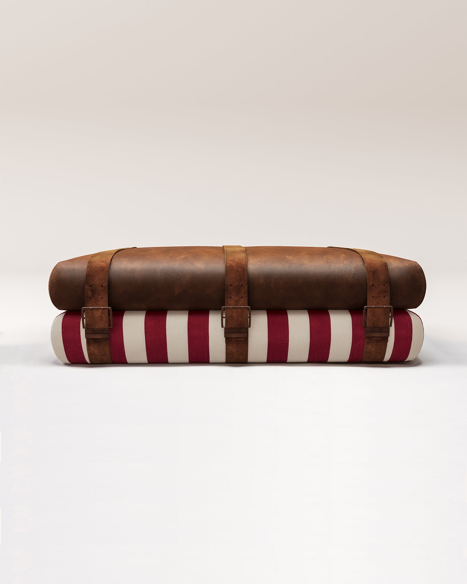 Studio Ottoman in Ruby Studio Stripe, with straps