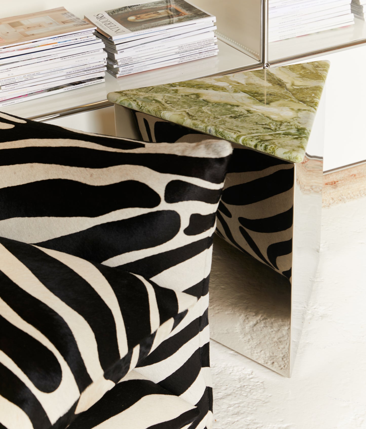 Large Prism Table with bespoke Valla Verde marble top