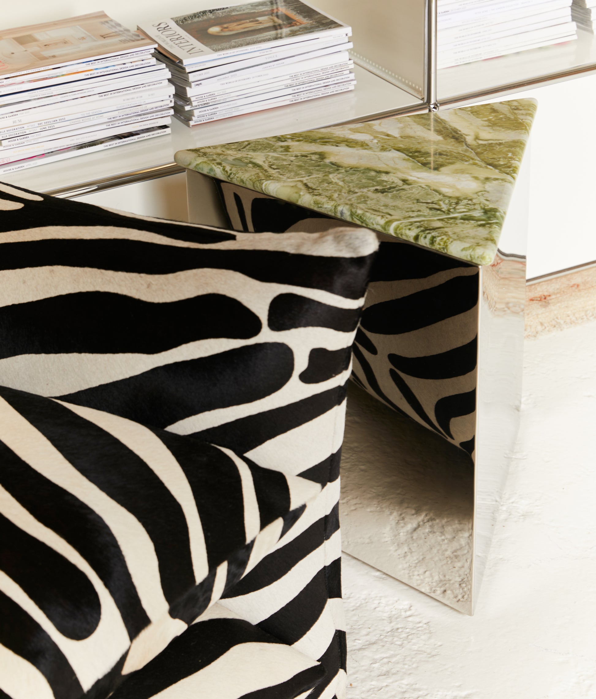 Large Prism Table with bespoke Valla Verde marble top