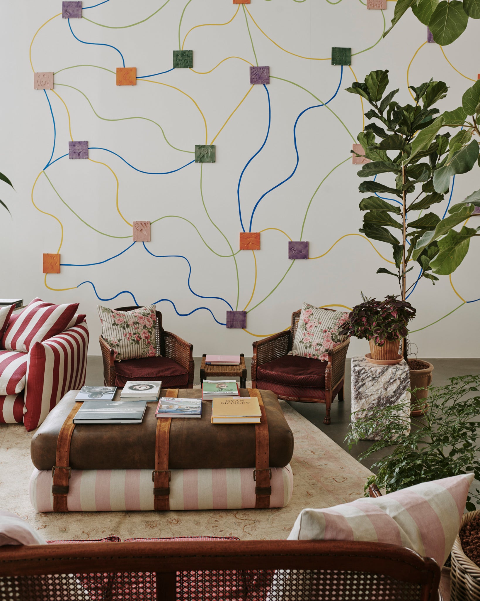 Studio Ottoman in Rose Studio Stripe, with straps