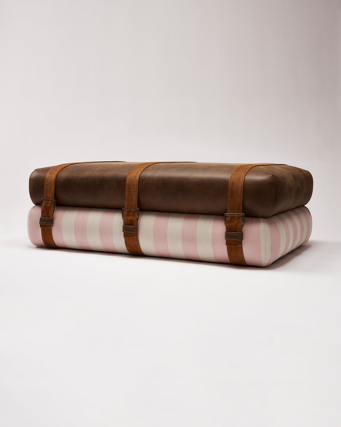 Studio Ottoman in Rose Studio Stripe, with straps