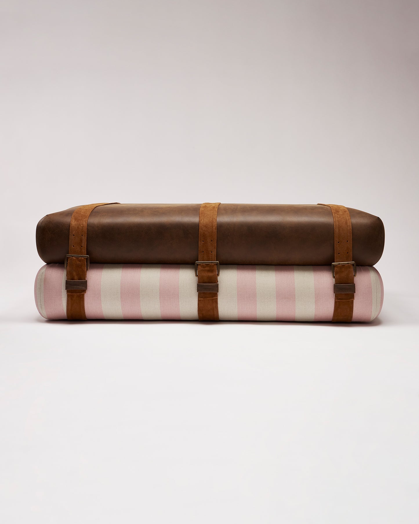 Studio Ottoman in Rose Studio Stripe, with straps